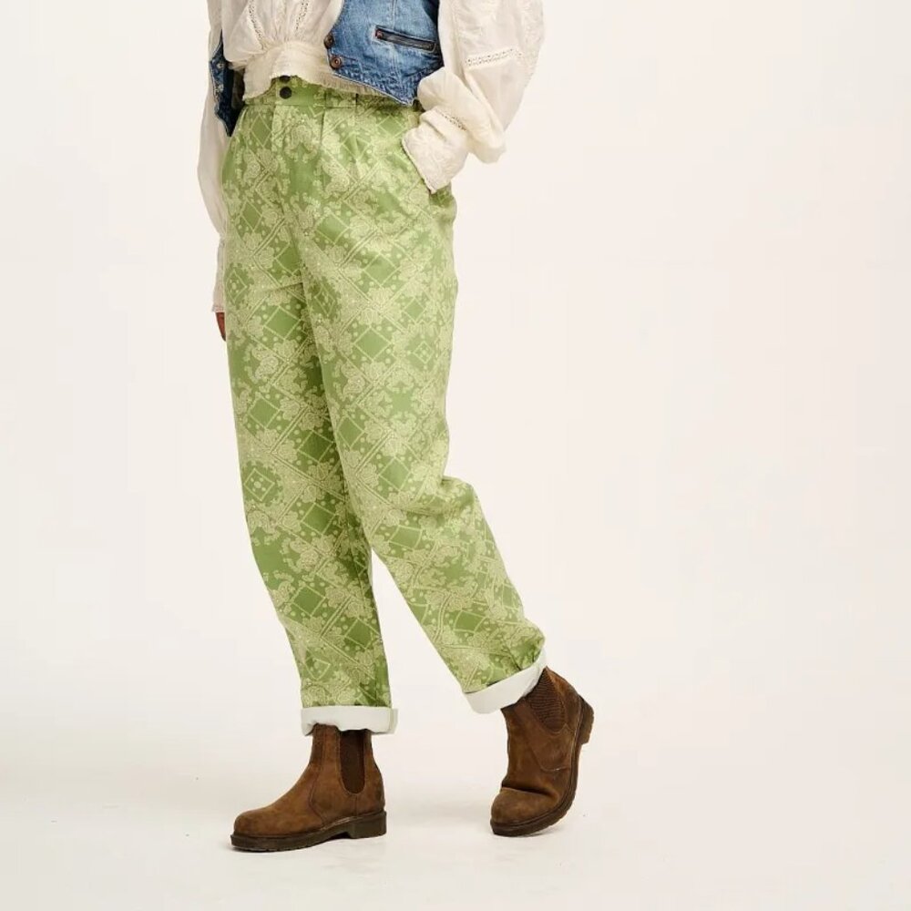 Lucy & Yak Addison Tapered Twill Trousers in Eldorado Print Size W34 Reg (UK 16)